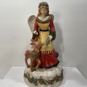 Christmas Angel & Fawn Music Box Figurine Statue Plays Gloria Red Green Holly.